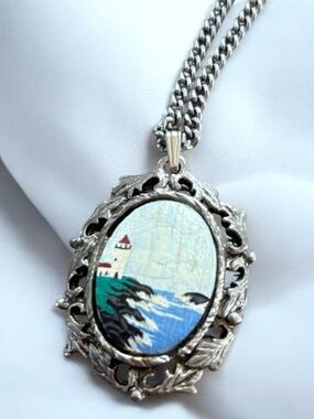 5/$25 Vintage Hand Painted Cameo Pendant In Ornate Frame - Silver Coloured Chain